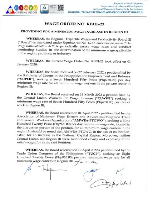 mwr under w.o. no. rbiii-23|Published Wage Order No. RBIII 23 .